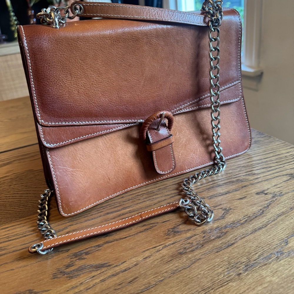 Cavalcanti Italian Leather Tan Shoulder Bag with Chain Detail crossbody Purse - Picture 4 of 16